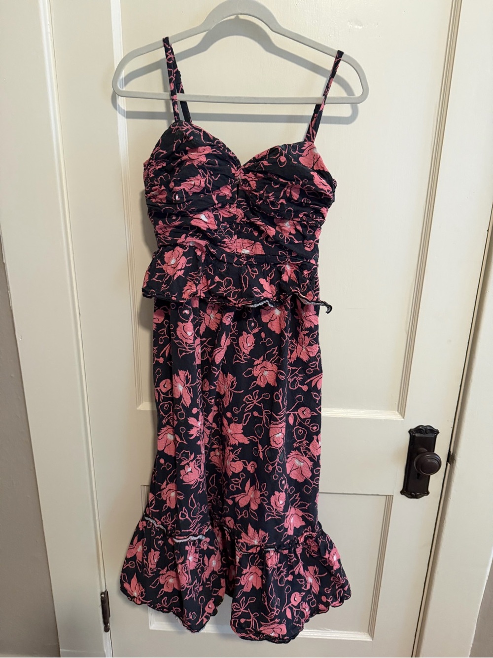 Tanya Taylor Black and Pink Floral Peplum Spaghetti Strap Sundress